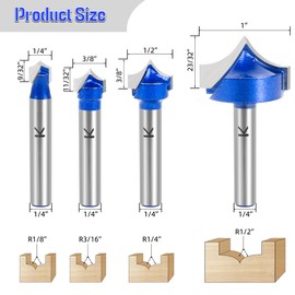 SMJXTOP 4Pcs Carbide Groove Point Cutting Roundover Router Bit Set 1/4" Shank,Cutting Dia. 1/4“,3/8",1/2" and 1",Roundover Plunge Cutter for Wood Engraving
