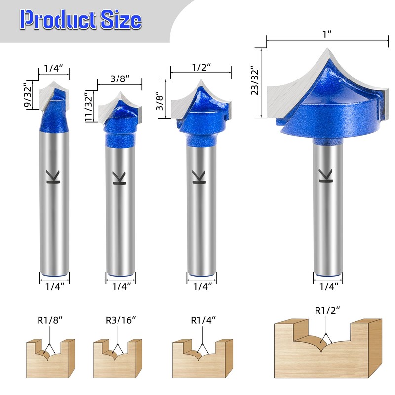 SMJXTOP 4Pcs Carbide Groove Point Cutting Roundover Router Bit Set