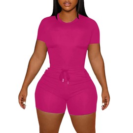 LovelyWholesale Short Sets for Women Summer 2 Piece Outfits Casual Workout Sets Hot Pink X-Large