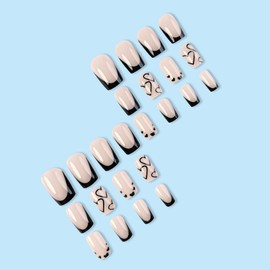 Valentine's Day Press on Nails Medium Square Fake Nails French Tip False Nails with Black Heart Tip Designs Heart Glue on Nails Nude Stick on Nails Cute Acrylic Nails Full Cover Glossy Artificial Nail