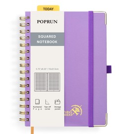 POPRUN Spiral Bullet Squared Journal Notebook, [A5 Size] - 120 Gsm Thick Paper, 141 Numbered Pages, Wirebound Notepad for Men & Women with Pocket, Index Tabs, 8 Perforated Sheets, Violet