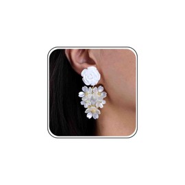 Boho Flower Cluster Dangle Earrings Gold Acrylic White Flower Earrings Bridal Long Rose Flower Drop Earrings Flower Leaf Wedding Earrings Daisy Brides Stud Statement Earrings Jewellery Women, Zinc