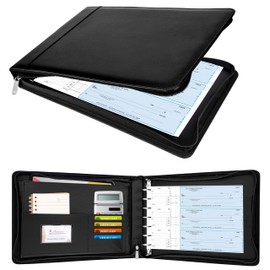 Antner Zippered 7 Ring Business Checkbook Binder Portfolio for 3-on-a-Page Business Checks, 600 Checks Capacity, PU Leather Check Book Binder Cover for 9x13 Sheets, Built-in Storage Organizer, Black