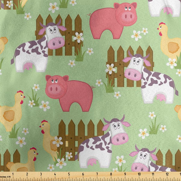 Lunarable Farmhouse Fabric by The Yard, Country Style Cartoon Animals
