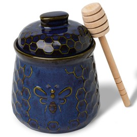 Ceramic Honey Jar with Dipper and Lid 10oz, Honey Pot (Vintage Blue)