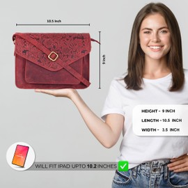 Leather Flapover Crossbody Handbag Purse for Women with Adjustable Strap & Overflap Snap Closure Tote/Bag (E.Red Hunter)