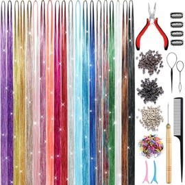 Kit de Oropel para Cabello (20 Colores, 4400 Hebras, 48 Pulgadas) Kit de Extensiones de Cabello de Oropel Brillante con Herramientas, Extensiones de C