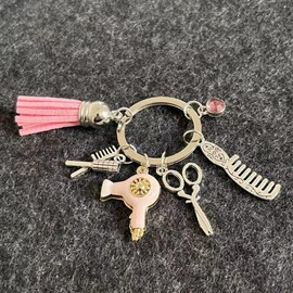 COLORFUL BLING Hairdresser Hair Dryer Scissor Comb Keychain with Tassel and Diamond Hair Stylist for Barber-pink