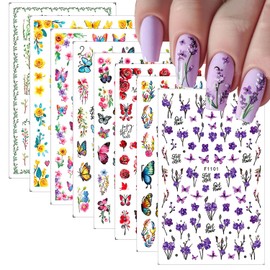 CHANGAR Vibrant Flower Nail Art Stickers - Colorful Butterfly, Leaves, Flowers Design Colorful Floral Nail Decals Nail Supplies for Girls Women Manicure DIY（8 Sheets）