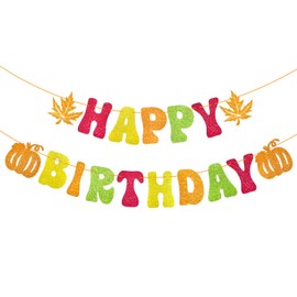 Thanksgiving Glitter Happy Birthday Banner - Autumn Fall Theme Hanging Paper Garland Bunting Banner with Pumpkin and Maple Leaf Decorations, Photo Backdrop for Wall Home Mantle Office Party Supplies
