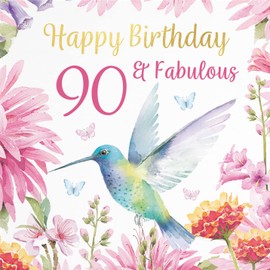 Hunts England - Hummingbird 90th Birthday Card For Her - With Gold Foil - Pretty Flowers - Milo's Gallery - Age 90 - Age Ninety Female Birthday Card - 90 Year Old - Women's 90th Birthday Card