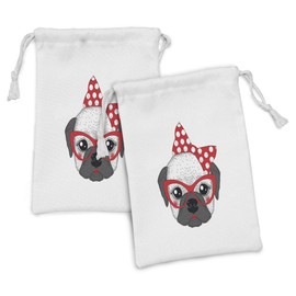 Ambesonne Bulldog Fabric Pouch Set of 2, Funny Female Pet with Pin up Style Bowtie and Retro Style Glasses, Small Drawstring Bag for Toiletries Masks and Favors, 9" x 6", Vermilion Grey and Black