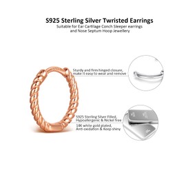 CERSLIMO Silver Earrings for Women - S925 Sterling Silver Hoop Earrings, 10mm Silver Filled Twisted Hoops | Small Sleeper Earrings Huggie Cartilage Conch Ear Nose Hoop Jewellery for Girls, Rose Gold