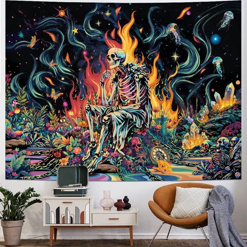 Heopapin Blacklight Skull Tapestry Psychedelic Skeleton Gothic Tapestry UV Reactive