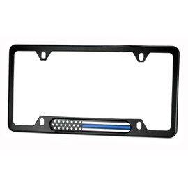 Black Stainless Steel License Plate Frame (Black/Chrome Flag with Thin Blue Line)