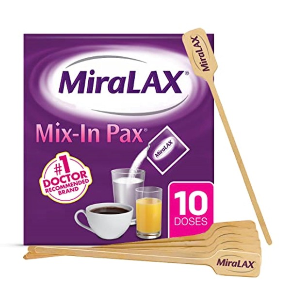 MiraLAX Gentle Constipation Relief Laxative Powder, Stool Softener with PEG 3350, No Harsh Side Effects, Single Dose Mix-In Pax with Mixing Stirrers, Travel Pack, 10 Dose