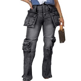 Vakkest Denim Cargo Jeans for Women High Waisted Loose Baggy Straight Wide Leg Stretch Pants Y2K Streetwear with Flap Pockets