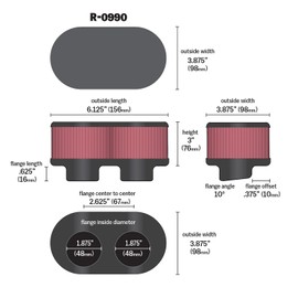 K&N Filtro de aire universal: alto rendimiento, premium, lavable, filtro de motor de repuesto: diámetro de brida: 1.875 pulgadas, altura del filtro: 7.6 cm, longitud de brida: 0.625 pulgadas, forma: ovalada, R-0990