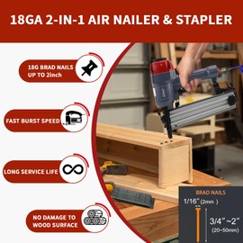 18GA Pneumatic Brad Nailer,Accepts 5/8 to 2Inch Brad Nails & Crown 5/8 to 1-5/8 Inch Staple.2 in 1 Nail Gun with 1600 Nails and 1200 Staples (Include 6m Air Tube,1*Nail Puller & Portable Bag)