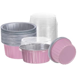 HARFINGTON 25Pcs Baking Cups with Lids 5oz Aluminum Foil Liners Mini Disposable Containers Cups Holder Cases Boxes Pans for Dessert Wedding Party, Pink