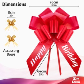 Zoe Deco Happy Birthday Car Bow (Red, 30 Inch / 76 cm) Giant Gift Bow Pre-Printed w/Happy Birthday, Big Bow for Car, Birthday Bow, Huge Car Bow, Car Bows, Big Bow for Gifts, Gift Wrapping