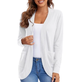 Urban CoCo Womens' Long Sleeve Knit Sweater Cardigans Curved Hem Open Front with Pockets (White, XL) (White, XL)