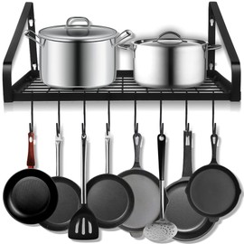 Felibeaco Hanging Pots & Pans Rack,Wall Mounted Pots Pans Organizer Holder Rack with 8 Hooks, Kitchen Wall Storage Organizer Hanger Shelves for Pans Set, Utensils, Cookware, Books, Household,Black