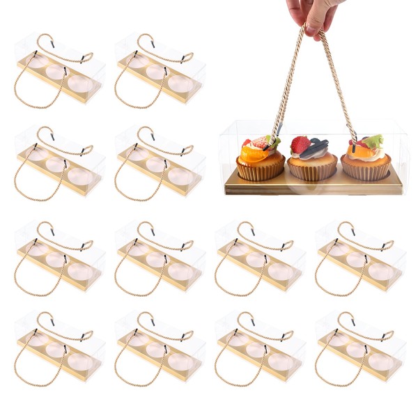 CosyCaya 12Pcs Transparent Cupcake Boxes, 3 Hole Round Clear Cupcake