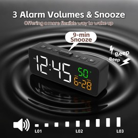 Netzu Digital Alarm Clocks for Living Room, Small Alarm Clock with Temperature, Calendar, 4 Dimmer, 3 Volumes, Loud Digital Clock Mains Powered, Plug-in Alarm Clock Beside for Kids Adults