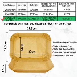 Marakruki Air Fryer Liners, 200pcs Air Fryer Liners Rectangle-14 * 22CM, Dual Zone Air Fryer Parchment Liners, Air Fryer Disposable Liner for Extend its lifespan
