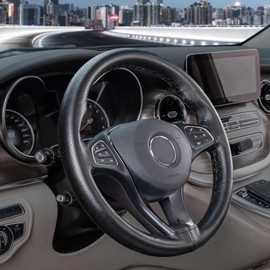 SEG Direct Genuine Leather Steering Wheel Cover, Stitch On Wrap, Breathable Cowhide Steering Wheel Wrap, Standard Size 15 Inch, for Car Truck SUV Pickup Boat, DIY Sewing with Needle Thread, Black