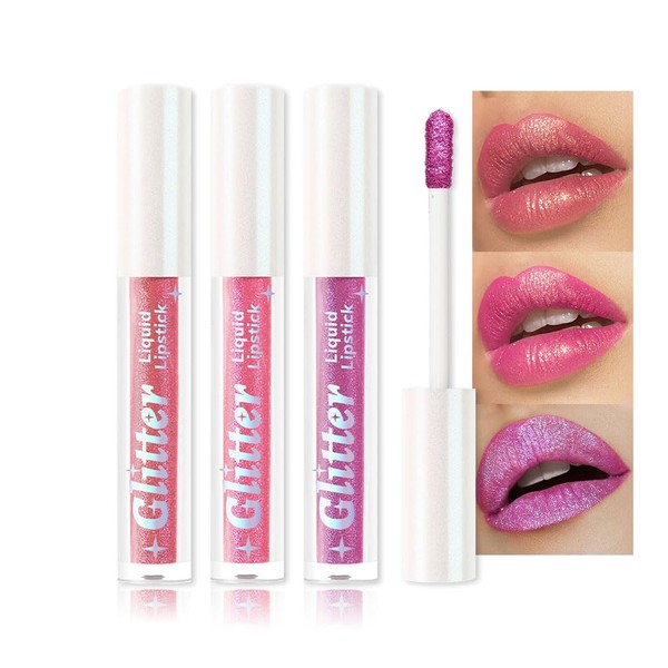 3Pcs Metallic Lipstick for Women,Lightweight Glitter Sparkling Liquid Lipsticks,Shimmer Lip