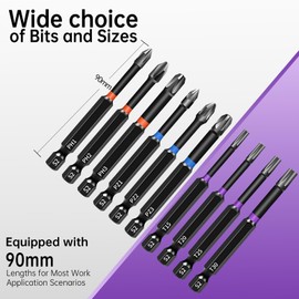 KASAFE 10Pcs 90mm Magnetic Impact Driver Bits,S2 Steel Phillips Pozidriv and Torx Screwdriver Bits,Multi-Size Durable Design for Heavy-Duty Use, Universal 1/4" Hex Shank for Power Drivers