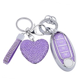 Meruns Compatiable with Nissan 4 Buttons key fob cover with Diamond Bling Keychain, Car Accessories Keys Shell TPU for Murano Sentra Altima Rogue Kicks Armada Pathfinder Smart Key,Silver Purple