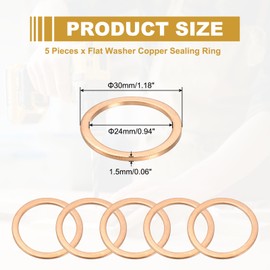 PATIKIL M24 Copper Washer Sealing Ring, 5 Pieces 24mm ID 30mm OD 1.5mm Thickness Metric Flat Sealing Gasket Crush Washer for Screws Bolt Sump Plugs Oil Drain