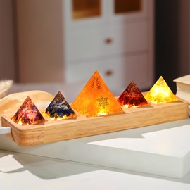 5 Chakra Orgone Healing Crystal Pyramid with Wooden LED Light Base Crystal Quartz Pyramid for Meditation Positive Energy Night Light Home Decor