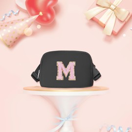 Aganmi Waist Fanny Pack Belt Bag Waterproof Crossbody Bags for Women Chenille Letter Bum Bag for Running Hiking Travel Sports with Strap Trendy Birthday Mothers Day Gifts for Women (Black M)