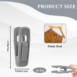 20 Pack Gray Velvet Hangers Clips, Non-Slip Removable Clothes Clip, Strong Finger Pants Clips, Flocked Slim-line Clips Lines Pants Skirt Cloth Hangers