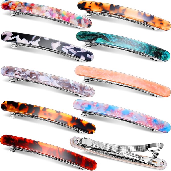 10 Pieces Hair Barrettes for Women Tortoise Shell French Automatic Hair Clips for Fine Thick Medium Hair Acrylic Hairgrip Clasp Clamp for Girl, Rectangle Ponytail Holders 4 Inch (Chic Pattern)