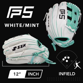 SSK FP5 Fastpitch Softball Glove – Infield - Outfield - Pitcher – 11.5”-11.75”-12”-12.25”-12.5”-12.75”-13”– Right & Left Hand Throw (White/Mint - H Web, 12" - Right Hand Throw)