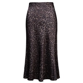 Soowalaoo Womens Skirt Midi Long Length Silk Satin High Waisted Elastic Casual Trendy Summer Skirts Leopard Dark XL
