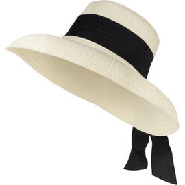 styleBREAKER Women's Sun Hat with Wide Black Decorative Band, Wide Brim, Straw Hat, Paper Straw Hat 04025036, cream