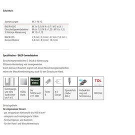 BAER Tap and Die Set HSSG: Cutting Tap (3 Pieces Each Dimension) - Core Hole Drill Bit Set M 3-12 - Tap Set - Thread Cutting - Thread Cutting