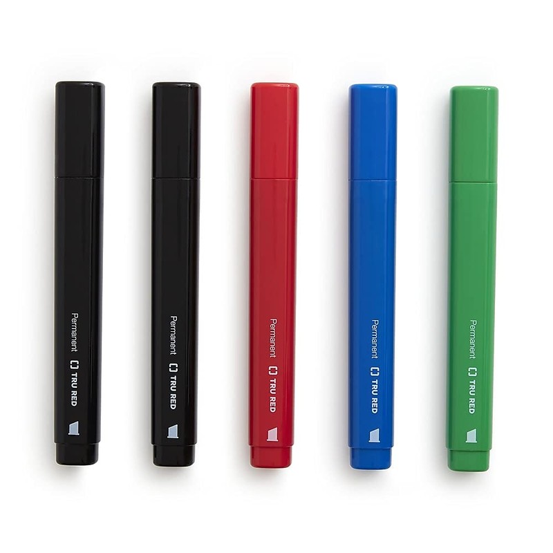 TRU RED Tank Permanent Markers, Chisel Tip, Assorted Colors, 5