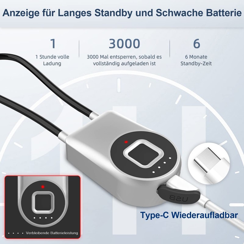 Anweller Fingerprint Cable Lock, Padlock with 38 cm Steel Cable,