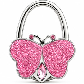 KUNHEHO Butterfly Purse Hook for Table, Foldable Purse Holder & Handbag Charm, Glitter Pink Bag Hook for Table, Portable Handbag Hanger for Restaurant, Office, Travel, Cute Gift for Women