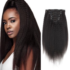 AmazingBeauty Clip In Hair Extensions Afro Kinky Straight 8A Grade Thick 100% Remy Hair Natural Black 10-22inch 7 Pieces with 18 Clips 120g/4.2oz per Set Fit For Full Head 16 inch