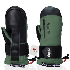 devembr Ski Mittens with Wrist Guards, Snowboarding Mittens Waterproof, Green, L