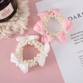 2Pcs Pearl Bow Hair Scrunchies Bow Knot Ponytail Holder Hair Styling Elastics Ties Faux Pearl Hair Band Rope Headband Accessories for Women Girls