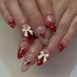 Valentine's Day Press on Nails Medium Almond Red Love Heart White Bow Tie False Nails with Design 24Pcs Gradient Artificial Acrylic Nails Full Cover Reusable Coffin Fake Nails Glue on Nails for Women